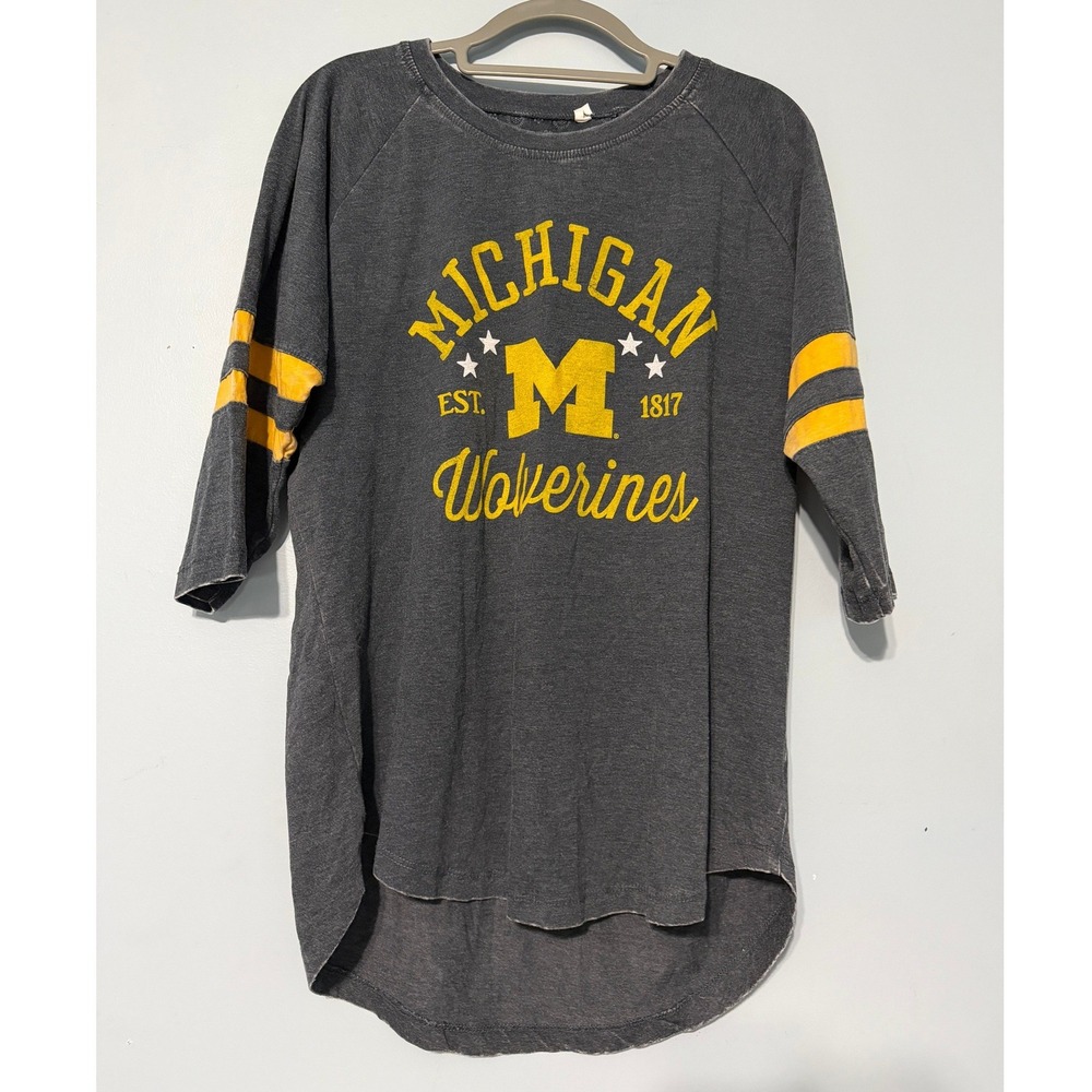 Pressbox Women's 2X Michigan Wolverines 3/4 Sleeve Raglan Shirt Grey Yellow 2188